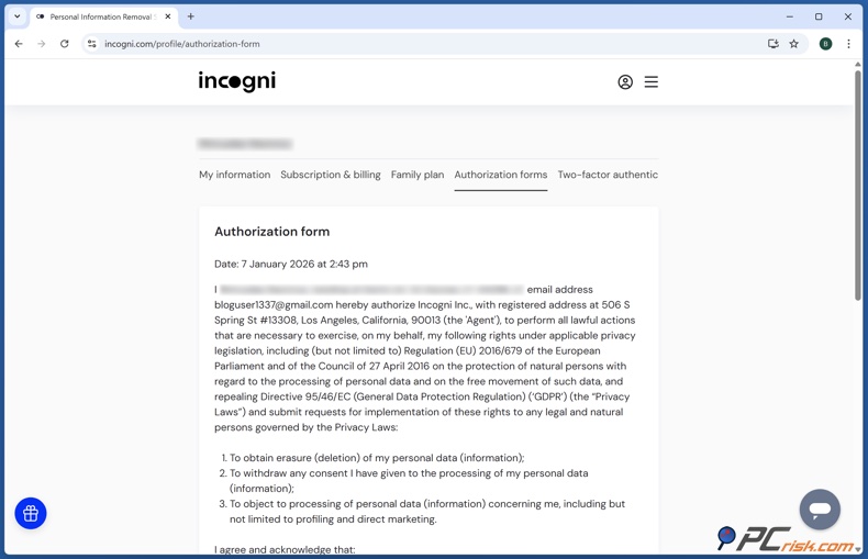 Formulario de autorización de Incogni