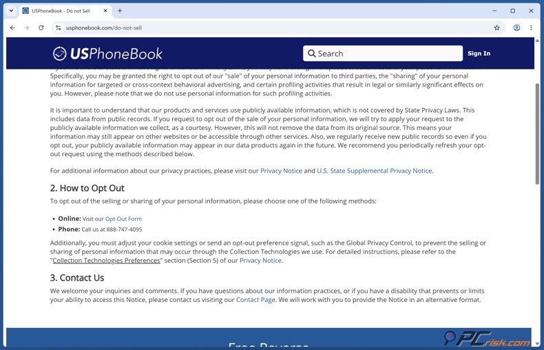 Formulario de baja de USPhoneBook
