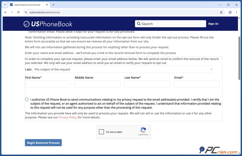 Formulario parcial de USPhoneBook