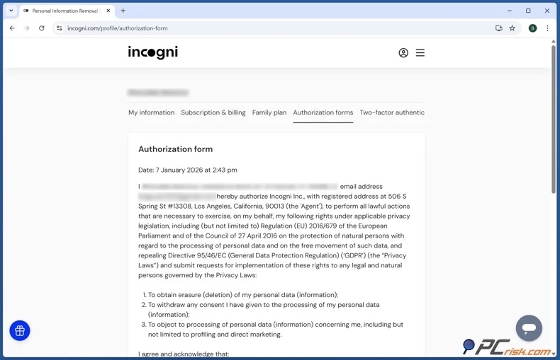 Formulario de autorización de Incogni
