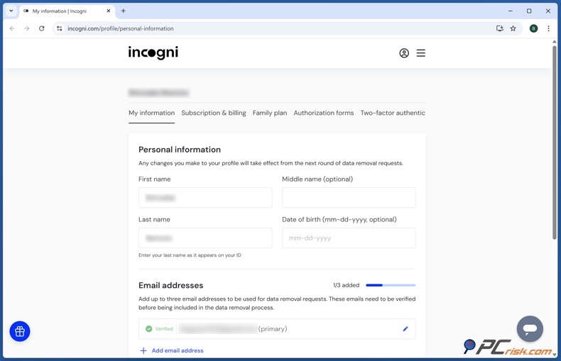 Información personal de Incogni