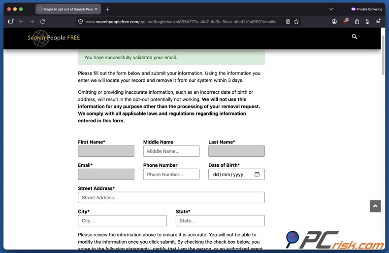 Formulario de exclusión de SearchPeopleFREE