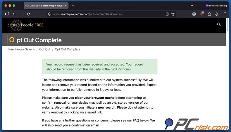 Solicitud de exclusión de SearchPeopleFREE aceptada