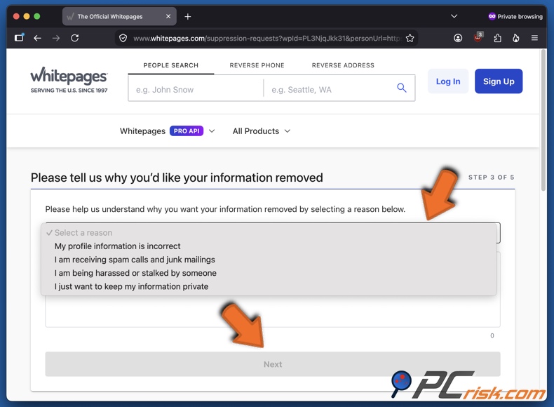 Whitepages opt-out 7