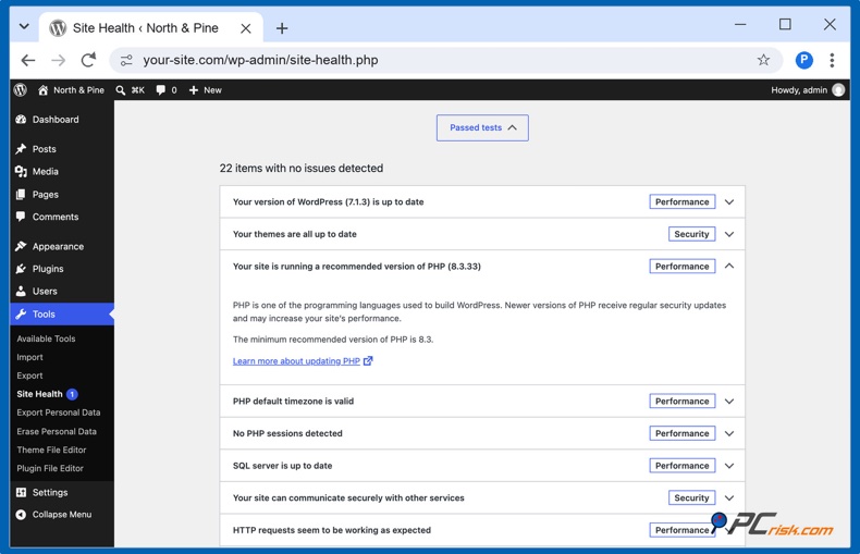PHP recomendado en Salud del sitio de WordPress