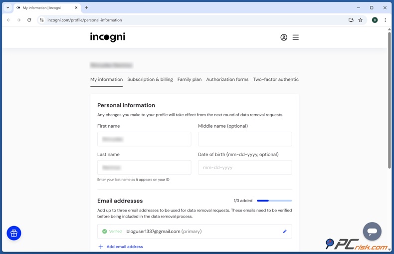 Información personal de Incogni
