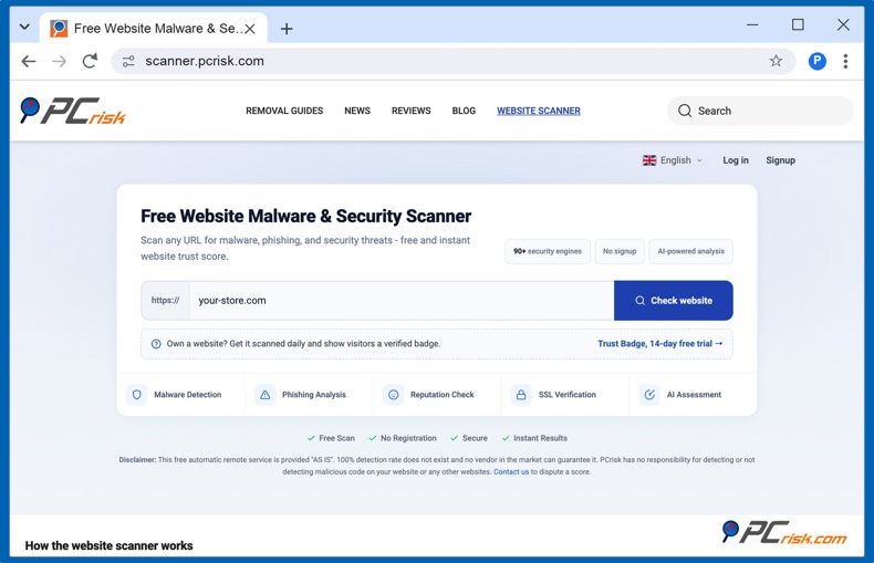 PCrisk Website Scanner analizando una tienda