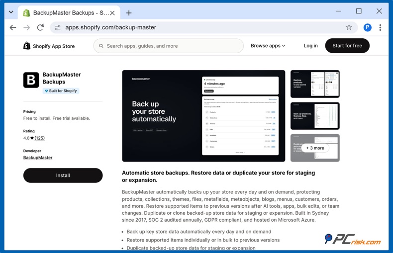 Aplicación de copias de seguridad en la Shopify App Store