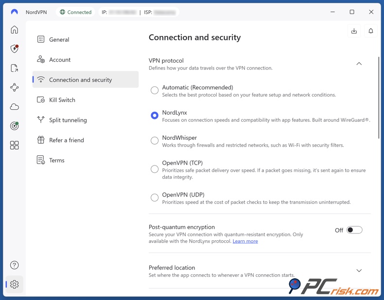 Selecciona el protocolo NordLynx