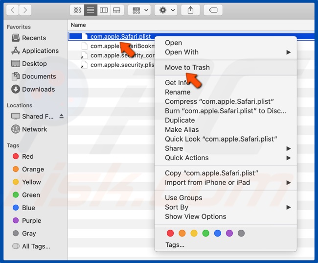 Haga clic con el botón derecho en el archivo com.apple.Safari.plist y haga clic en Mover a la Papelera