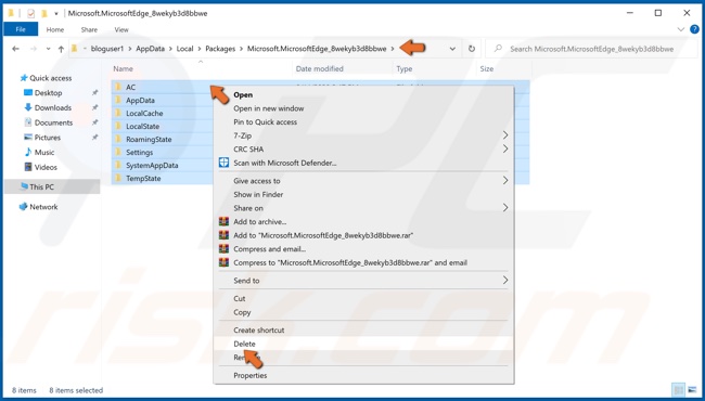 Haga clic con el botón derecho en todos los archivos de Microsoft Edge en Appdata y haga clic en Eliminar