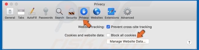 Seleccione Privacidad y haga clic en Administrar datos del sitio web