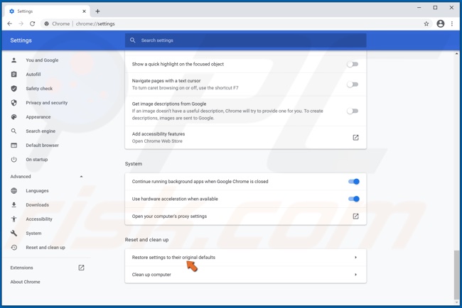 Haga clic en Restaurar la configuración a sus valores predeterminados originales.