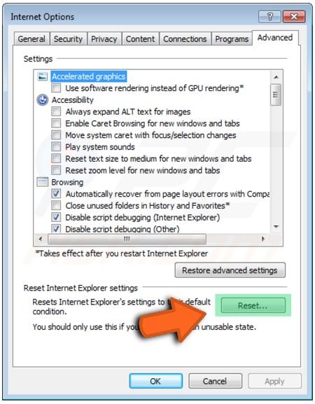 restablecer la configuración de Internet Explorer haciendo clic en el botón restablecer