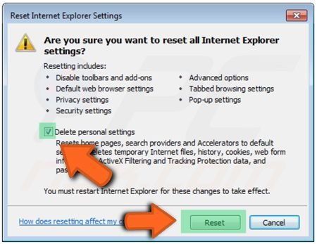 confirme restablecer la configuración de Internet Explorer