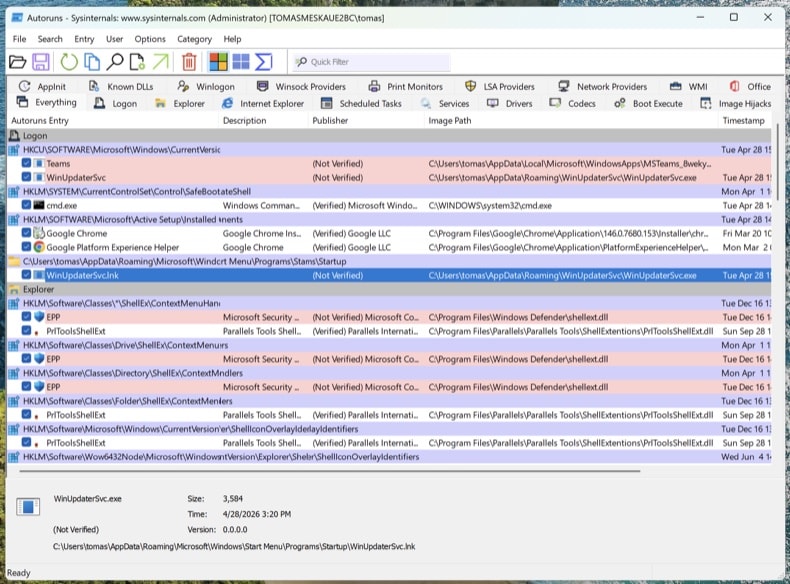 Autoruns 14.x con Hide Microsoft Entries activado mostrando las pestañas Logon y Scheduled Tasks