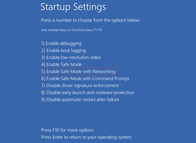 Iniciar Windows 10 en modo seguro con funciones de red - pulse F5 en la pantalla Configuración de inicio