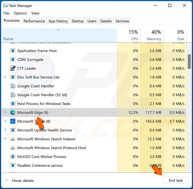 Finalizar Microsoft Edge utilizando el Administrador de Tareas