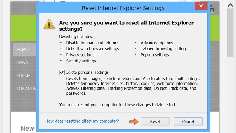 Cómo restablecer la configuración predeterminada de Internet Explorer en Windows 8 - confirmar la recuperación de la configuración haciendo clic en el botón restablecer