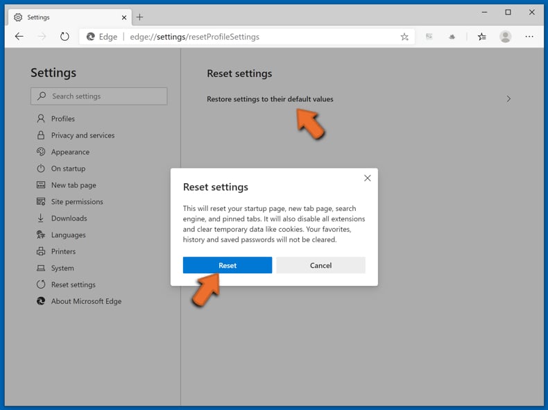 Restablecer Microsoft Edge (Chromium) paso 3