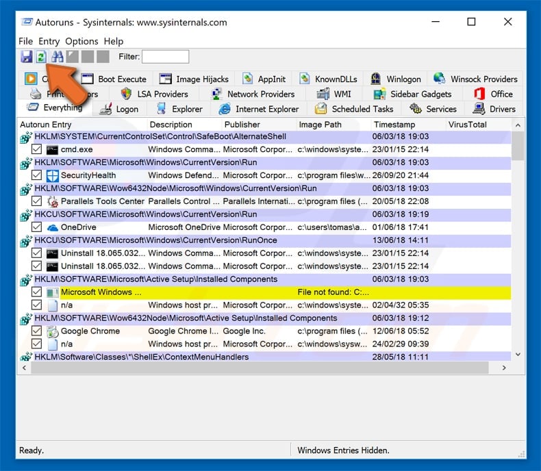 Haga clic en 'Opciones' en la parte superior y desmarca las opciones 'Ocultar ubicaciones vacías' y 'Ocultar entradas de Windows'