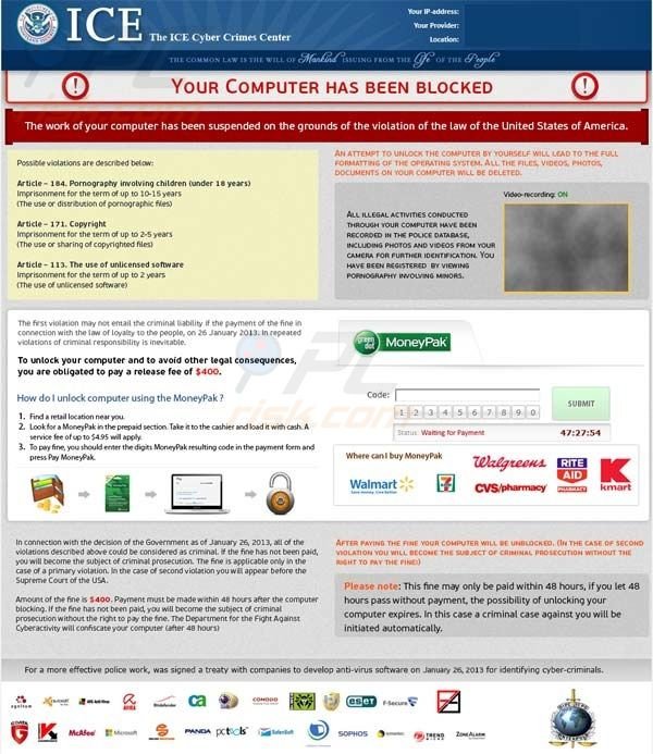 El Centro de Cibercrimen del ICE - Ransomware PC bloqueado y MoneyPak