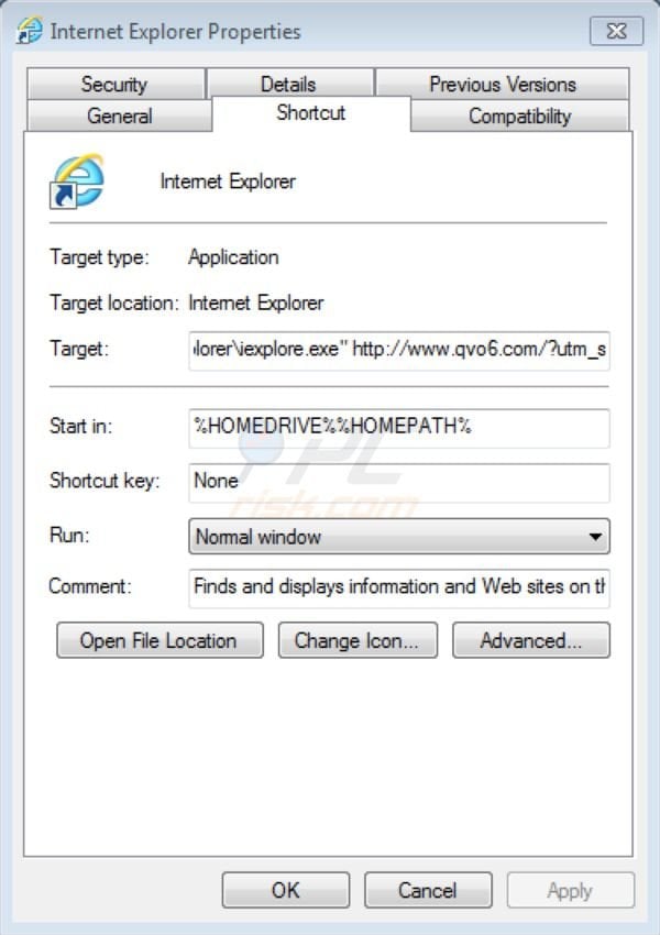 eliminación del virus de redireccionamiento qvo6.com de Internet Explorer