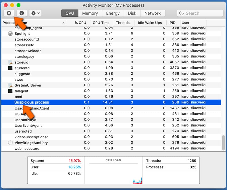 Finalización de la aplicación a través del Monitor de Actividad de Mac OS