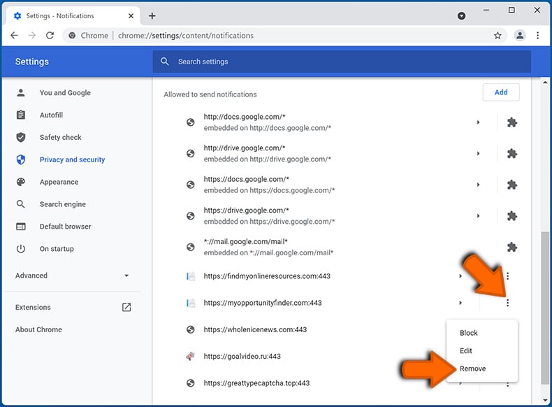 Deshabilite las notificaciones del navegador web en Google Chrome (paso 2)