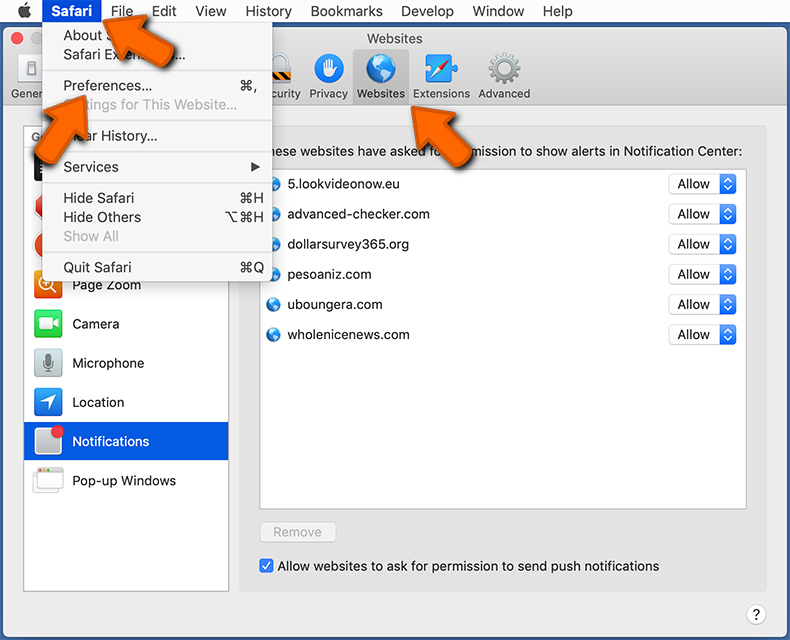 Deshabilitar las notificaciones del navegador web en Safari - macOS (paso 1)