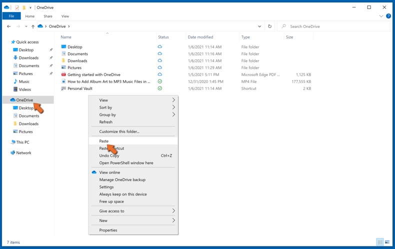 Pegue el archivo copiado en la carpeta OneDrive para crear una copia de seguridad