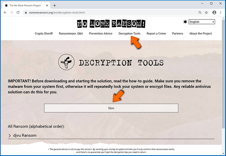 Búsqueda de herramientas de desencriptado de ransomware en el sitio web nomoreransom.org
