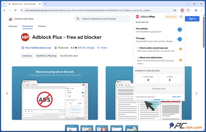 Adblock Plus Premium menú de extensión