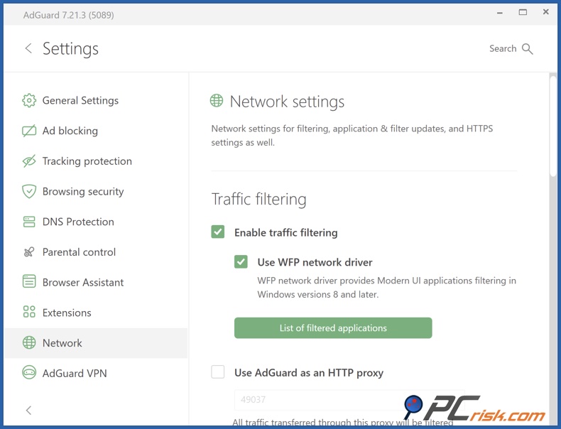 AdGuard filtrado del tráfico
