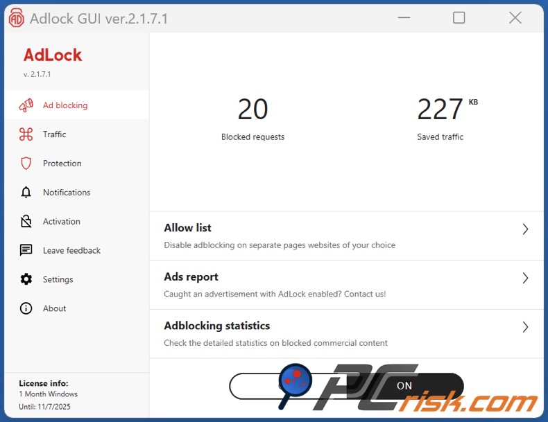 AdLock panel de control del escritorio
