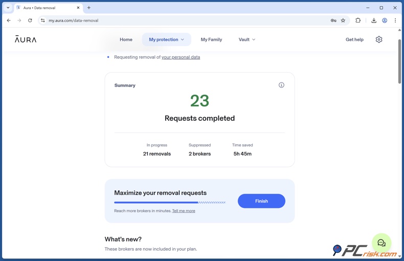 Progreso de la eliminación de datos de Aura