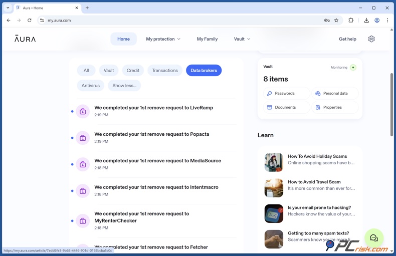 Informes de eliminación de datos de Aura
