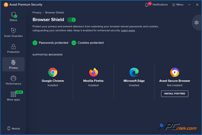 avast escudo del navegador