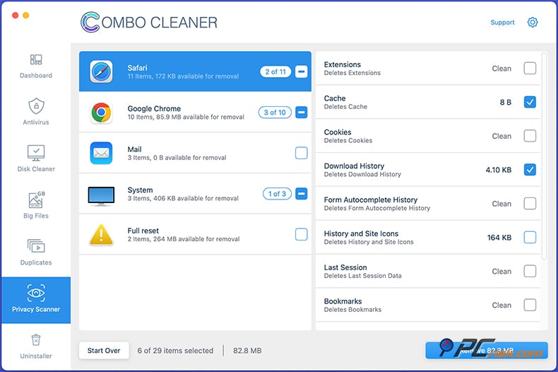 Combo Cleaner Función de escáner de privacidad en macOS
