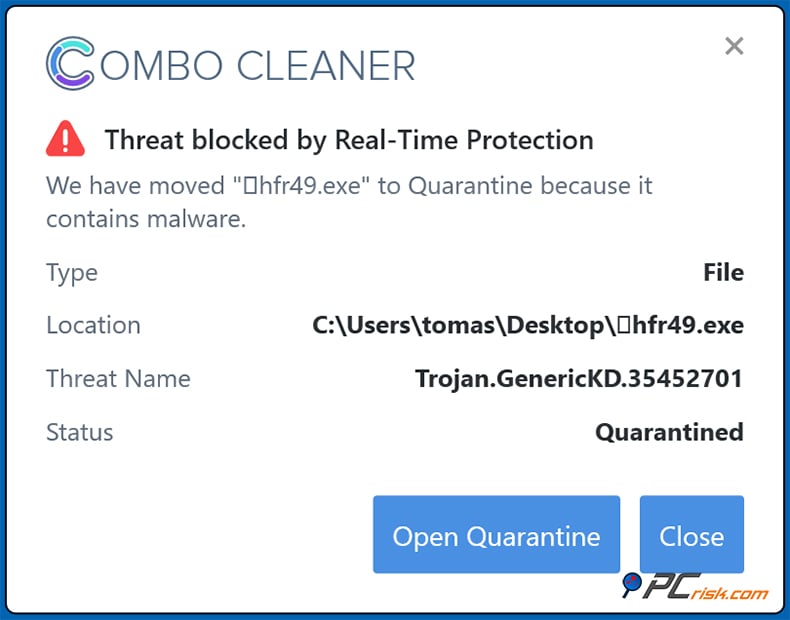 Combo Cleaner Ejemplo de alerta de protección en tiempo real