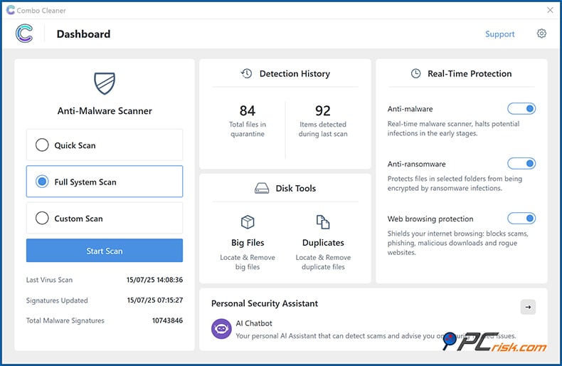 Combo Cleaner apariencia Windows