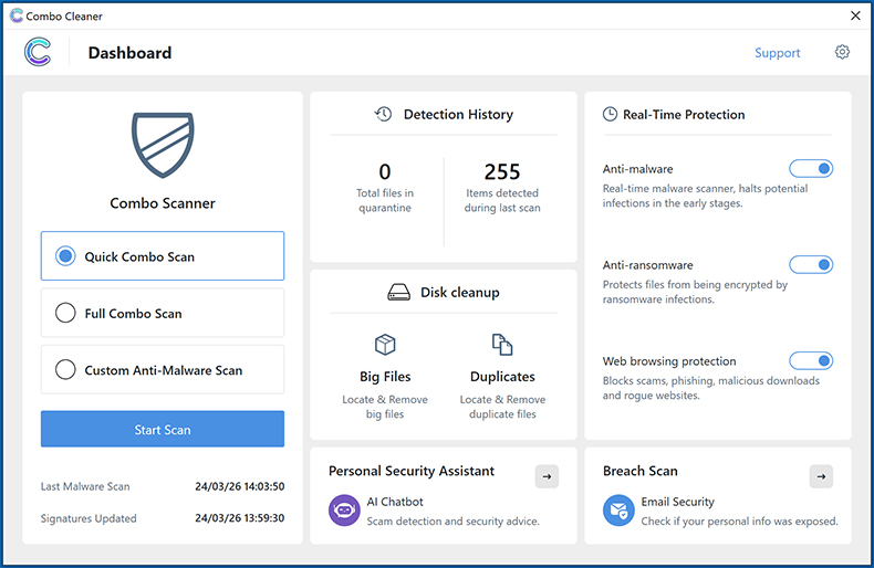 Combo Cleaner apariencia Windows