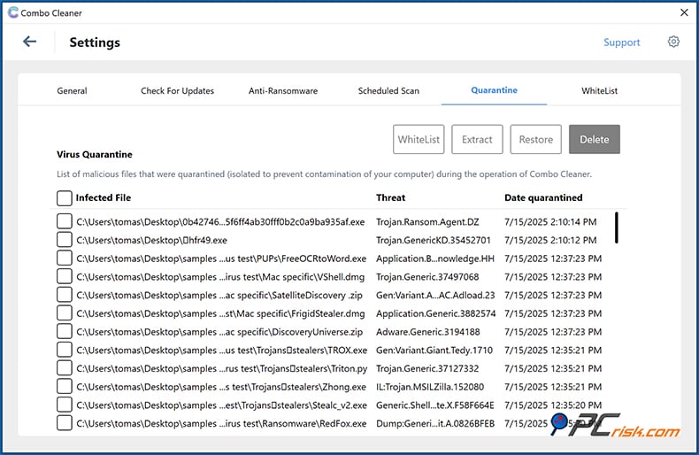 Combo Cleaner cuarentena window
