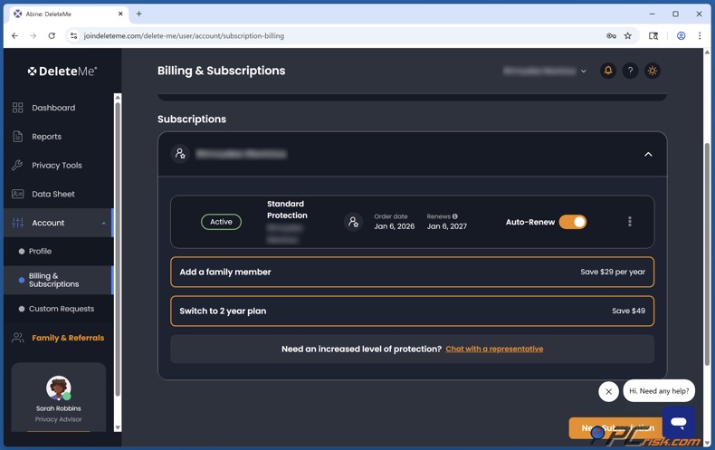 DeleteMe facturación de cuentas y cuentas