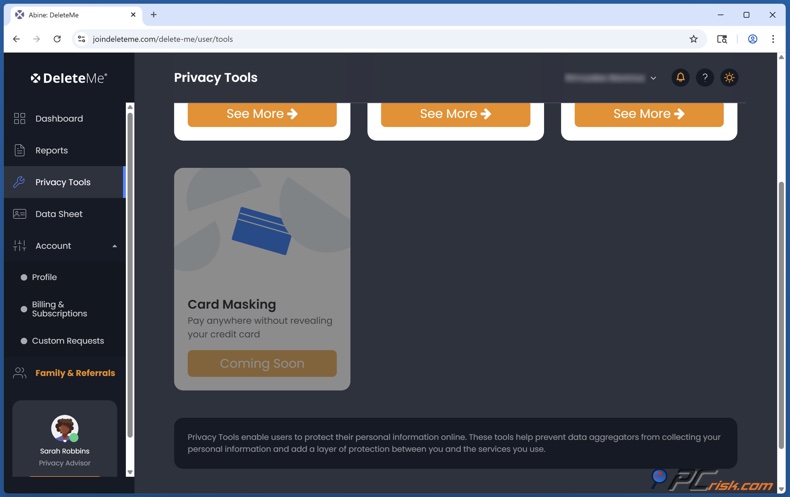 DeleteMe Enmascaramiento de tarjetas