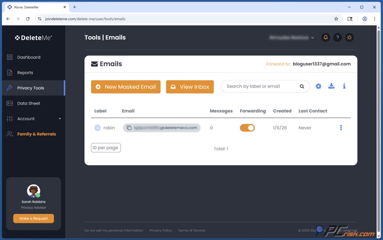 DeleteMe Enmascaramiento de correo electrónico