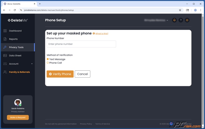 DeleteMe Enmascaramiento de teléfono