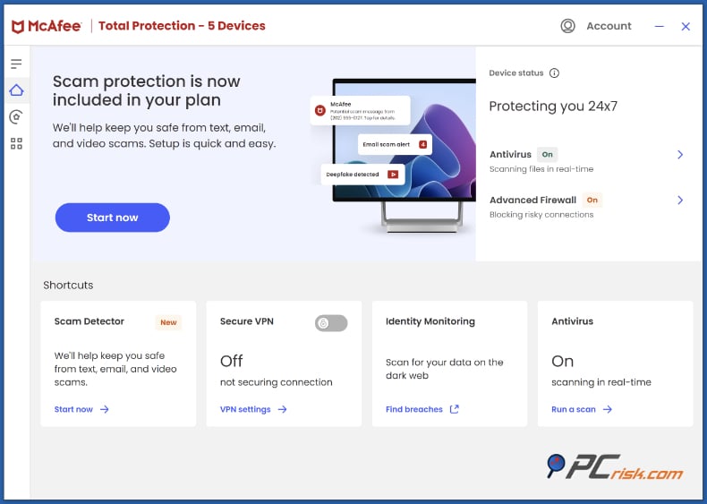 mcafee Panel de control antivirus