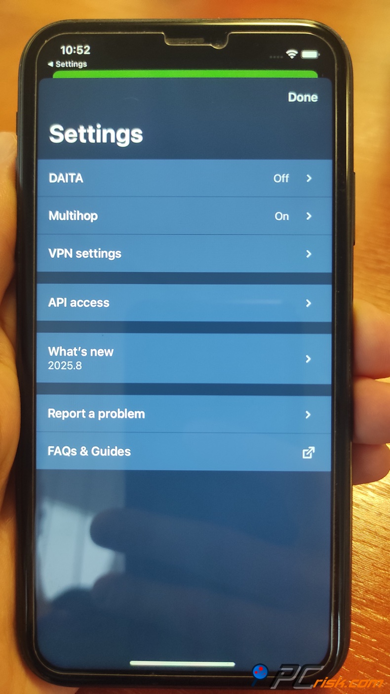 Mullivad para iOS Menú de configuración
