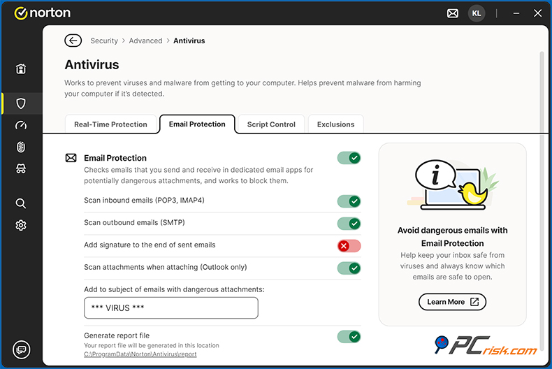 Norton 360 Deluxe Filtrado de correo electrónico y spam